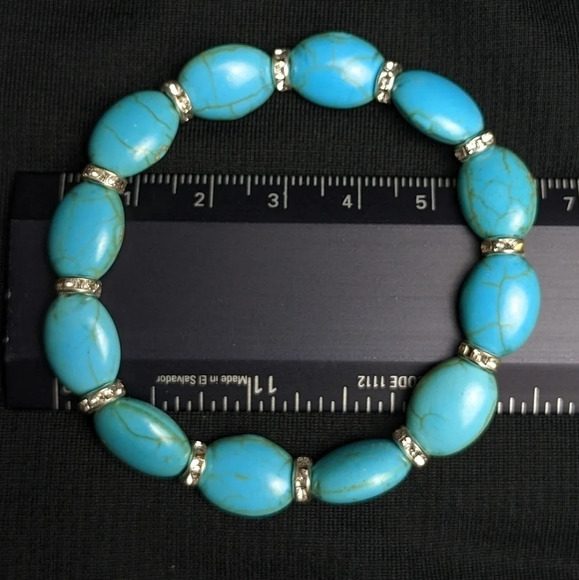 Pretty faux turquoise color beaded bracelet with CZ, oblong shape beads - Picture 6 of 10